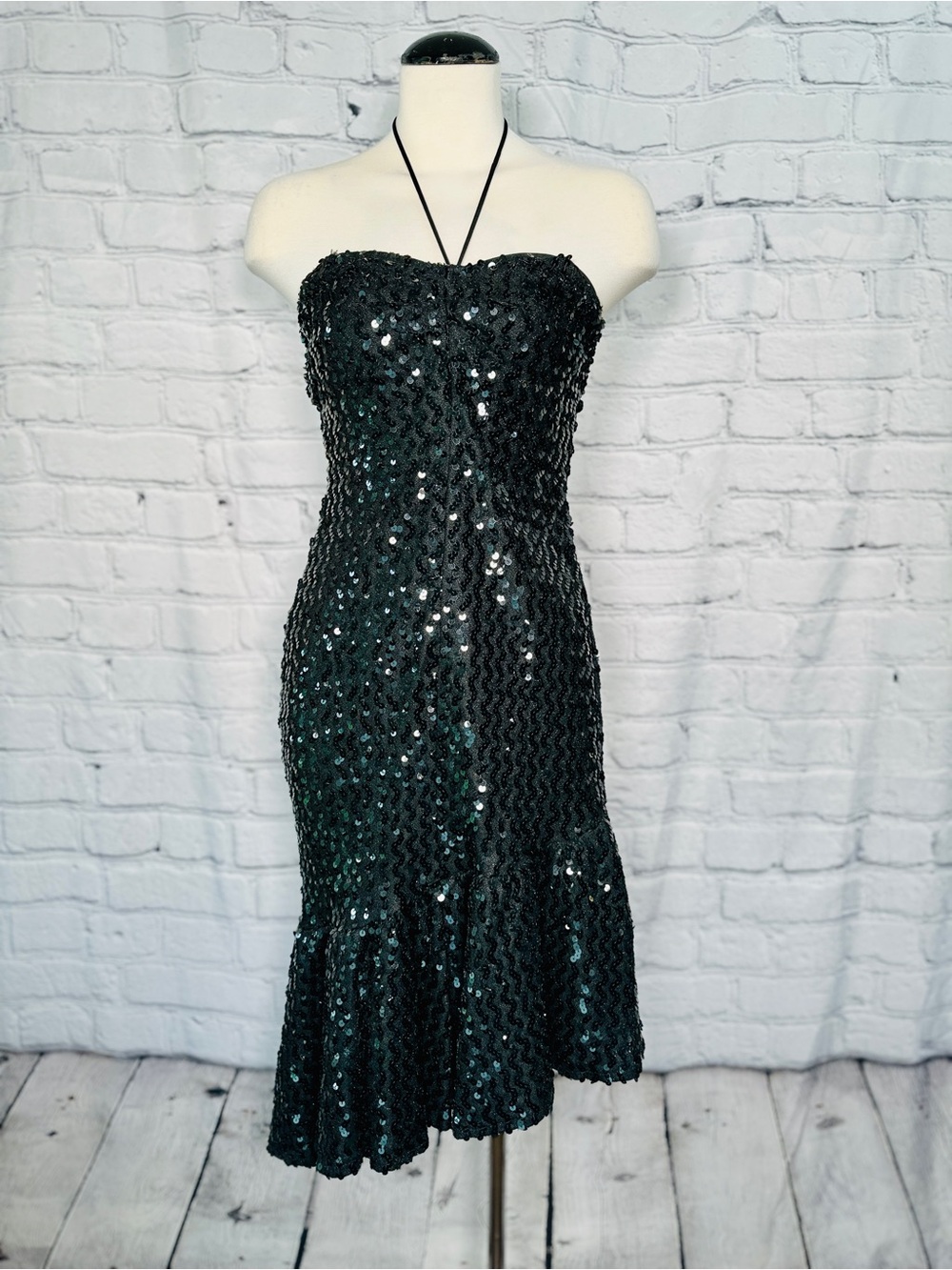 Vintage 80s Black Sequin Prom Party Halter Asymmetrical Dress S